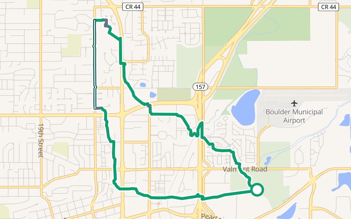 Valmont City Park, Wonderland Creek and Goose Creek on a map, starting and finishing at Valmont City Park