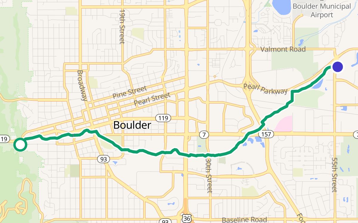 Eben G. Fine Park to the South Boulder Creek Trail on a map