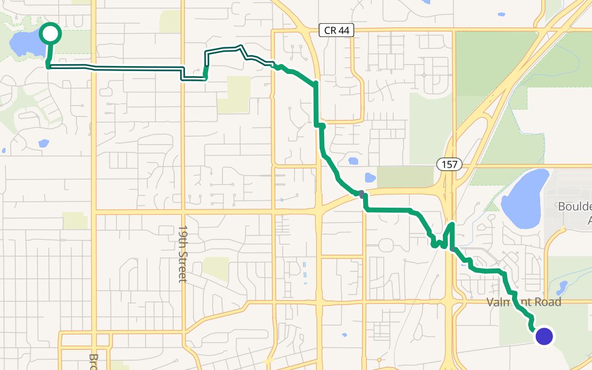 Wonderland Lake to Valmont City Park on a map