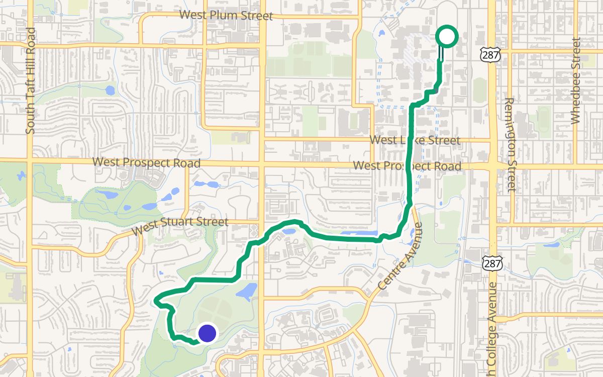 CSU (the Oval) to Rolland Moore Park on a map