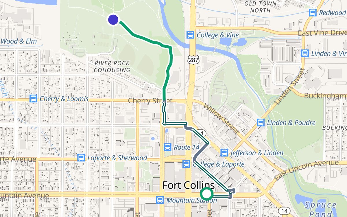 Old Town Square to Lee Martinez Park on a map