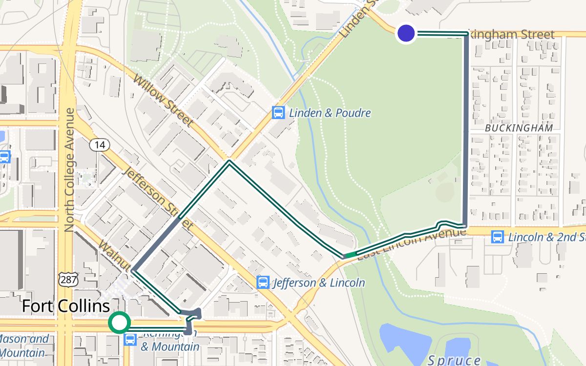 Old Town Square to New Belgium Brewing on a map