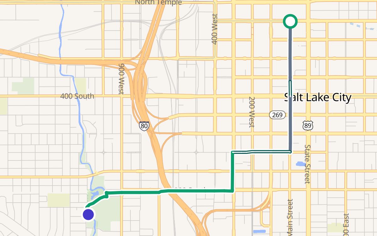 Downtown (City Creek Center) to Jordan Park on a map