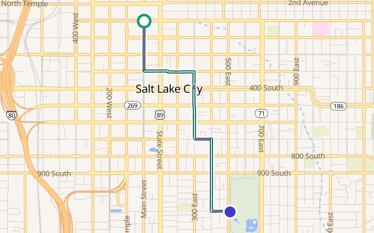 Downtown (City Creek Center) to Liberty Park on a map