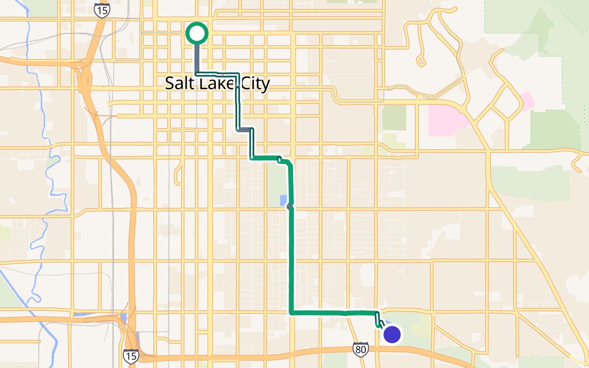 Downtown (City Creek Center) to Sugar House Park on a map