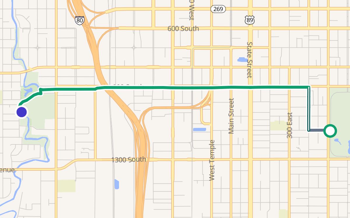Liberty Park to Jordan Park on a map