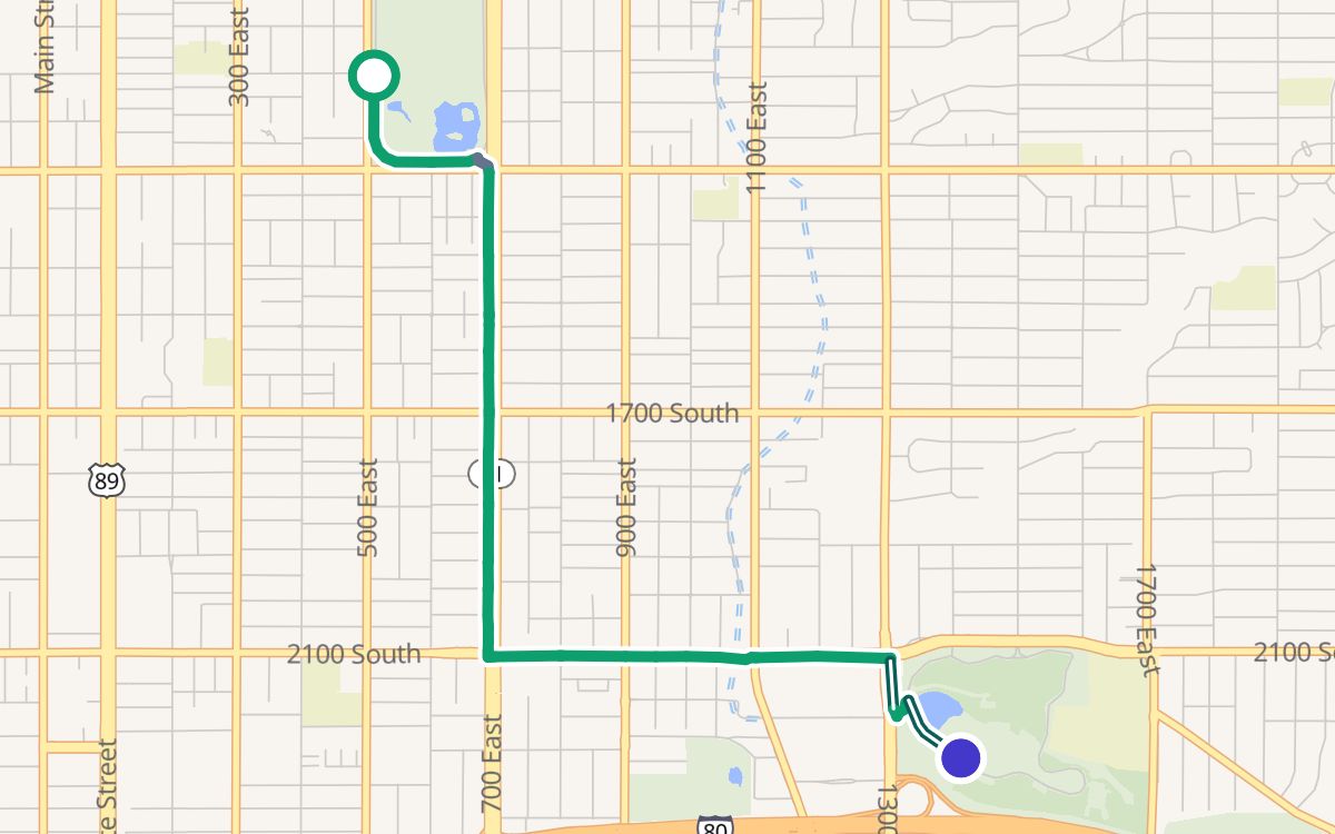 Liberty Park to Sugar House Park on a map