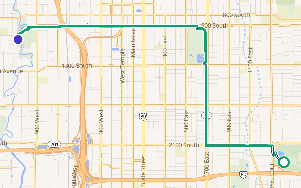 Sugar House Park to Jordan Park on a map