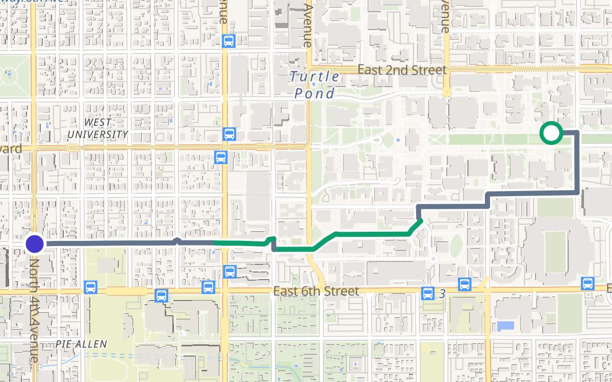 University of Arizona to 4th Avenue on a map